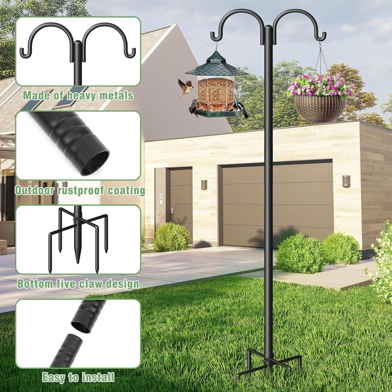 Double Shepherds Hooks for Outdoor Heavy Duty Bird Feeder Pole With 5-Prong Base gallery