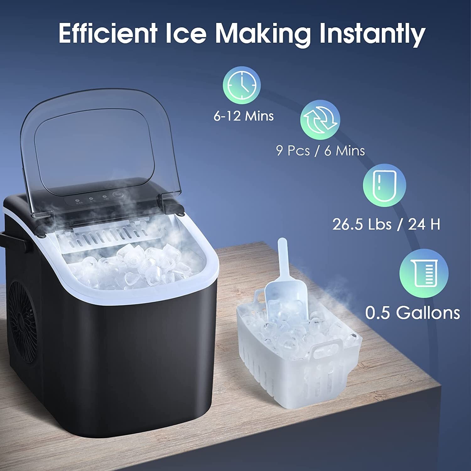 Ice Maker Countertop Fast ice Making in 6 Mins 26.5lbs/24Hrs 9 Bullet Ice Por... gallery