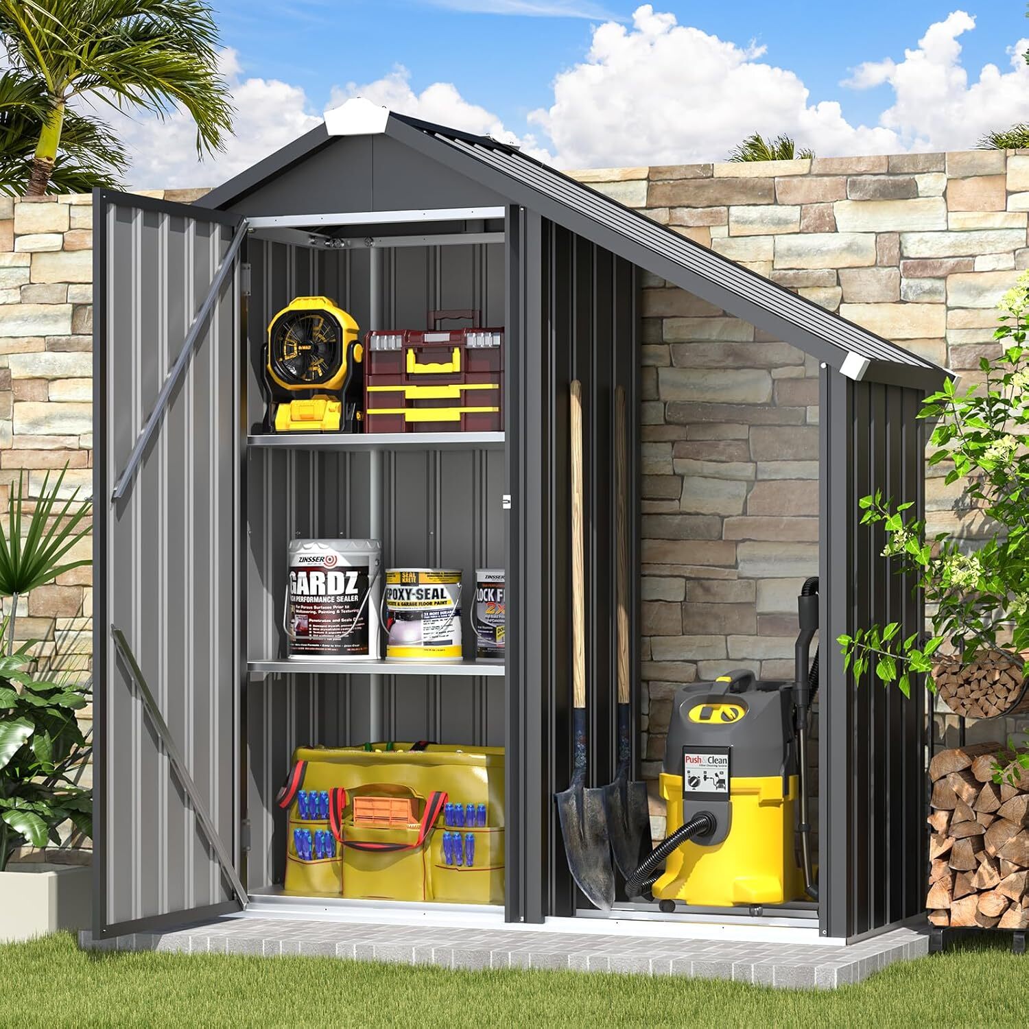 Outdoor Storage Cabinet Waterproof with Shelves, Lean to Open-Side Firewood Rack gallery