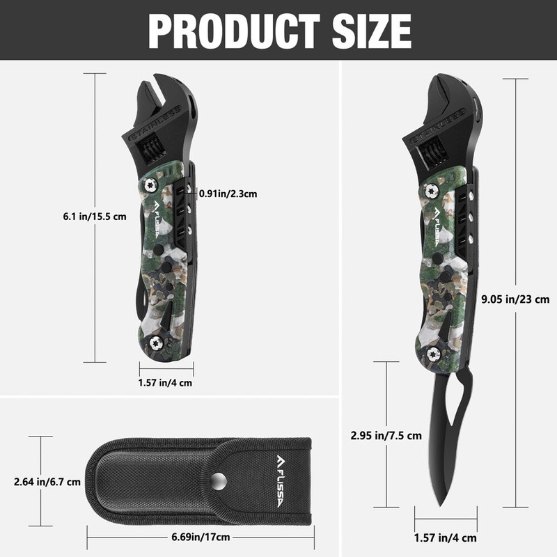 FLISSA 13-in-1 Multi Tool Wrench Multitool Adjustable Wrench EDC Knife w/Sheath gallery