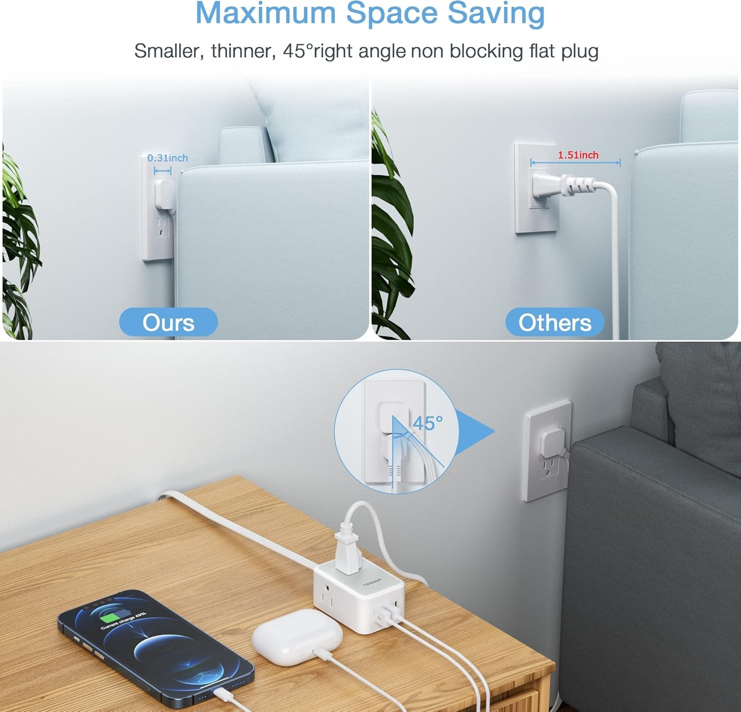 Thin Flat Plug Power Strip with USB 3 Outlet Slim 10ft Cord Portable for Travel gallery