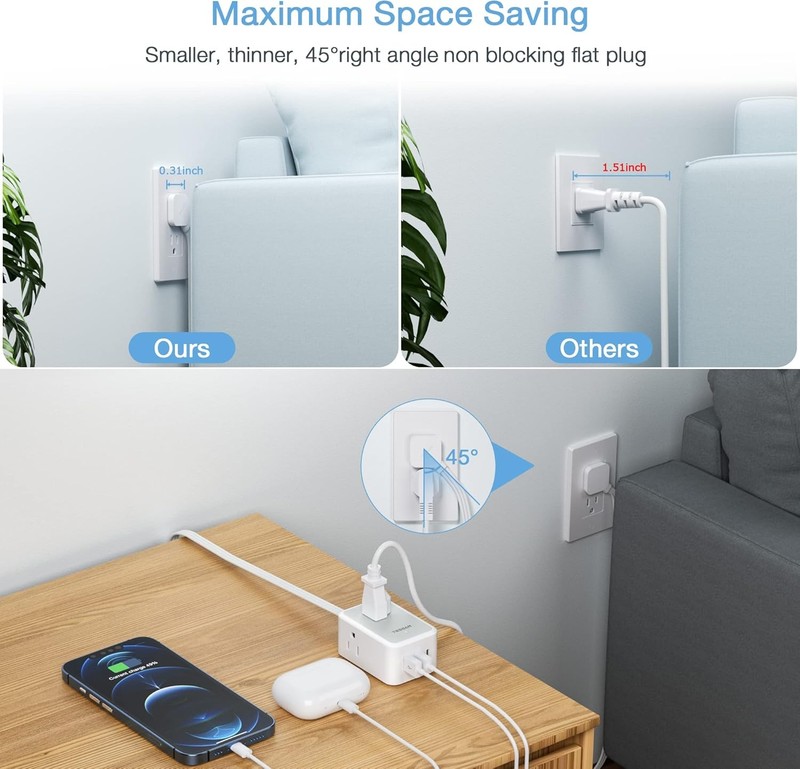 Thin Flat Plug Power Strip with USB 3 Outlet Slim 10ft Cord Portable for Travel gallery