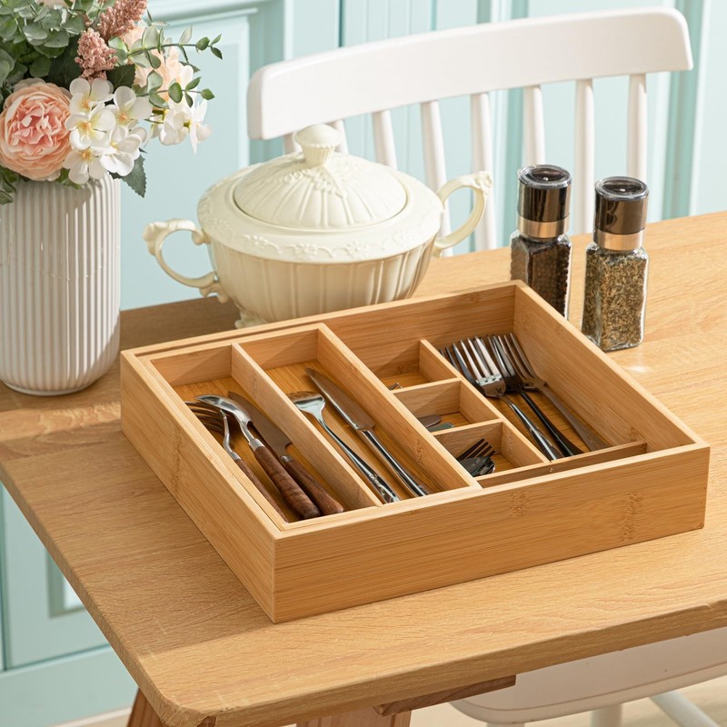 Fiwochic Double Bamboo Kitchen Drawer Organizer, 2-tier Utensil Deep Drawer... gallery