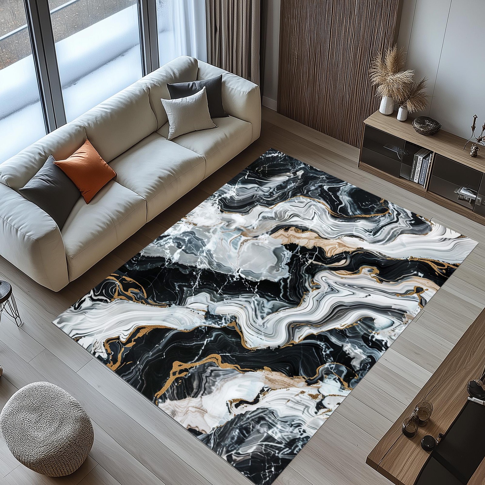 Black White Gold Marble Area Rug Abstract Vein Pattern Modern Luxury Decor gallery