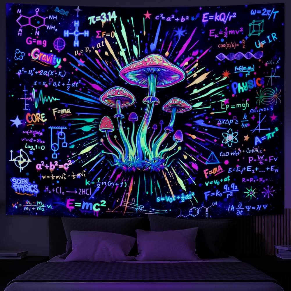 UV Reactive Blacklight Tapestry Mushroom Science Botanical Fungi Art 59x51 gallery