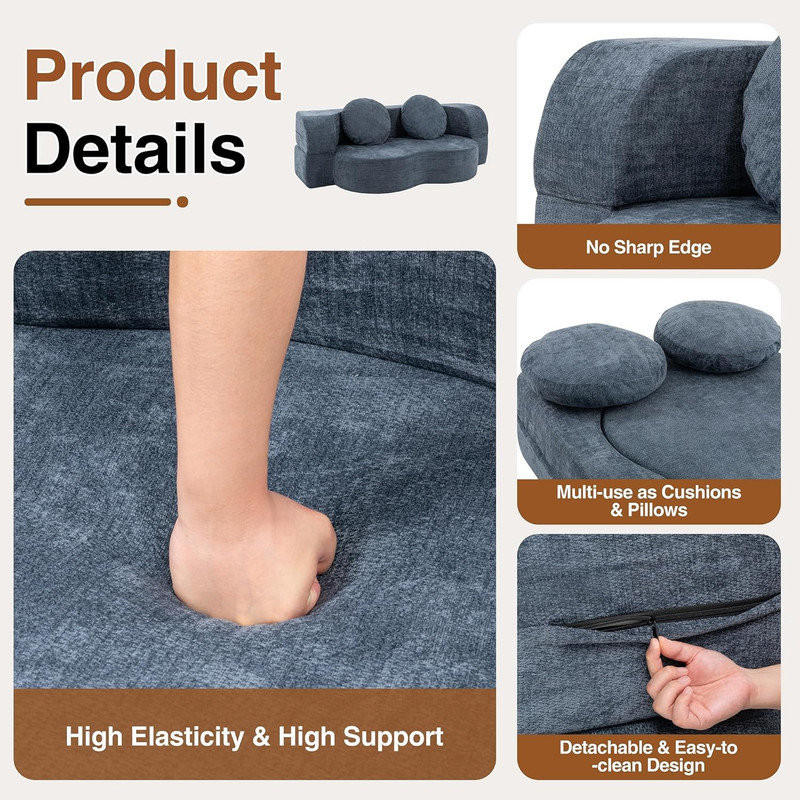 78" Convertible Sofa Bed - 2-in-1 Memory Foam Futon with Pillows, Blue gallery