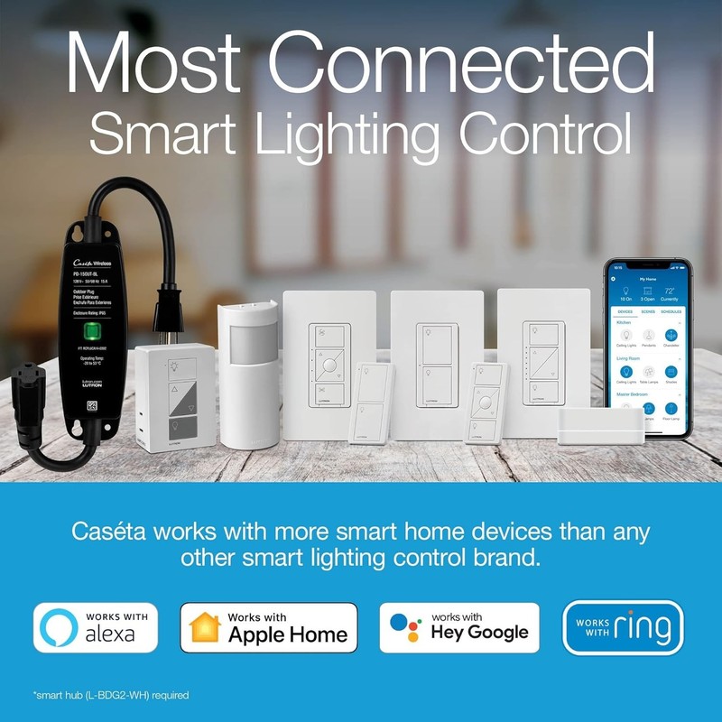 Caseta Smart Dimmer Switch, 150W, Voice Control, No Neutral Required, White gallery