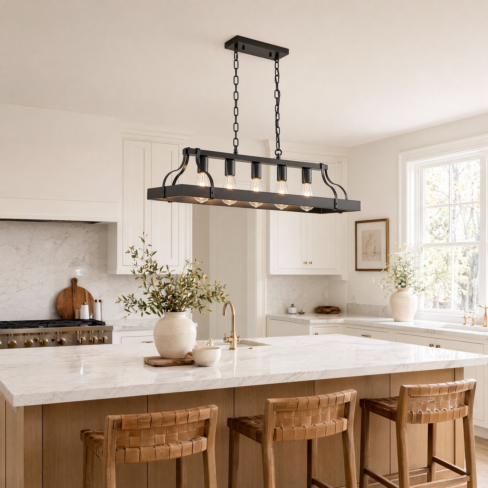 34'' Black Pendant 5 Light LED Linear Chandelier for Kitchen Living Room Fixture gallery