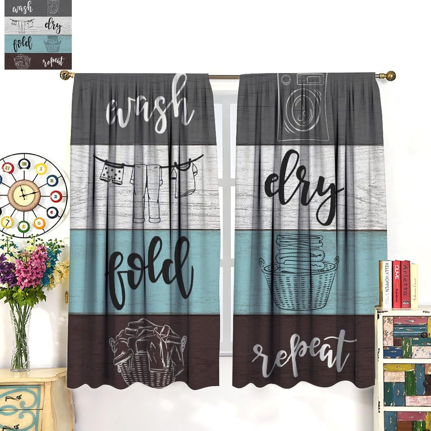 Laundry Room Curtains,Dry Wash Fold Repeat Grey Blue White Brown Farmhouse Wood gallery