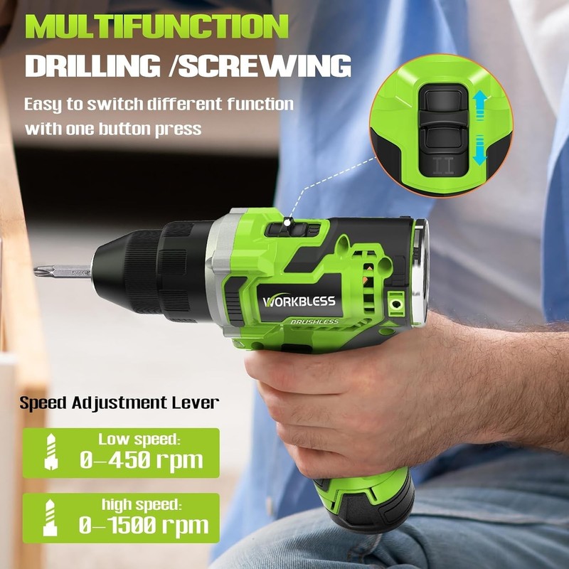 WORKBLESS 12V Cordless Power Drill Set w/ LCD Smart Display 18pc Drill Bits NEW gallery