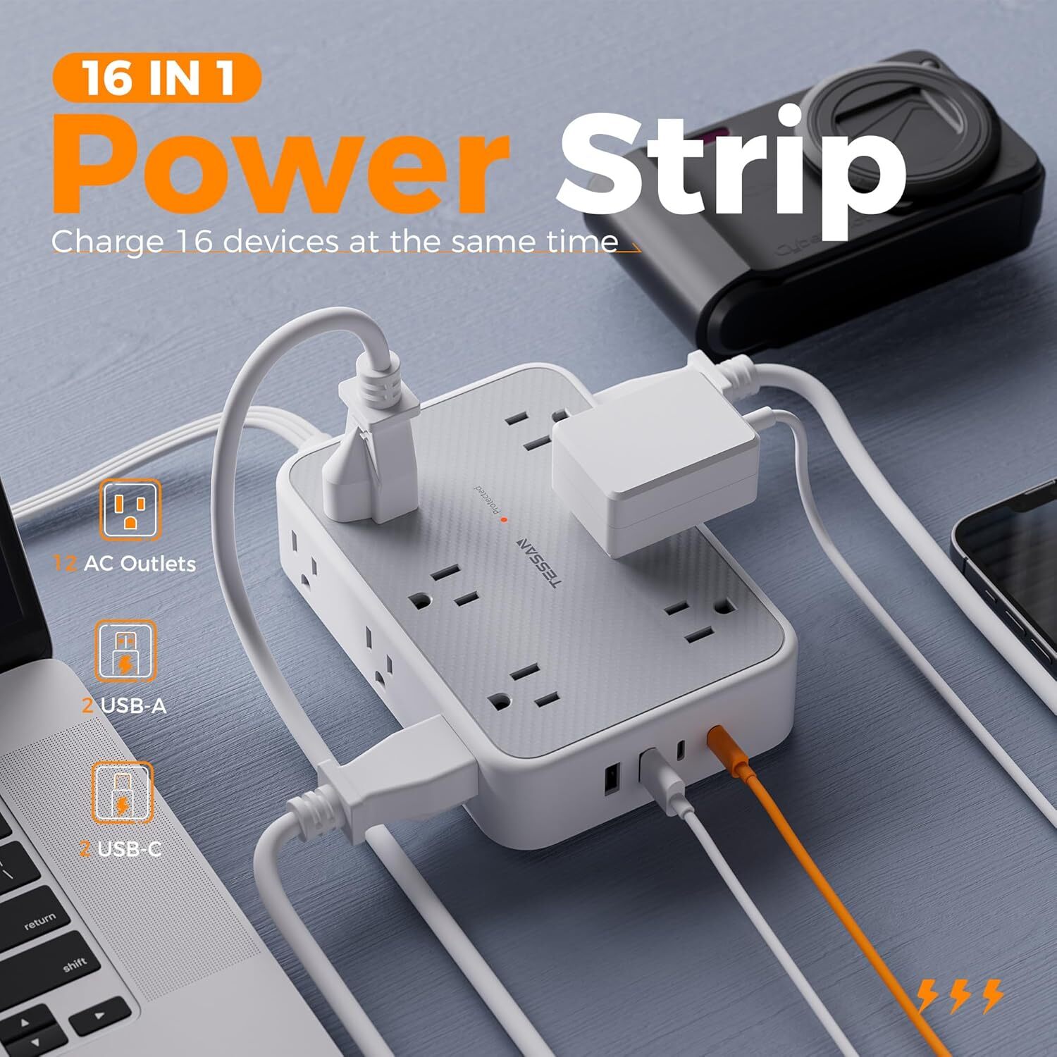 TESSAN Surge Protector Power Strip Flat Plug Extension Cord 5/15 Ft for Indoor gallery