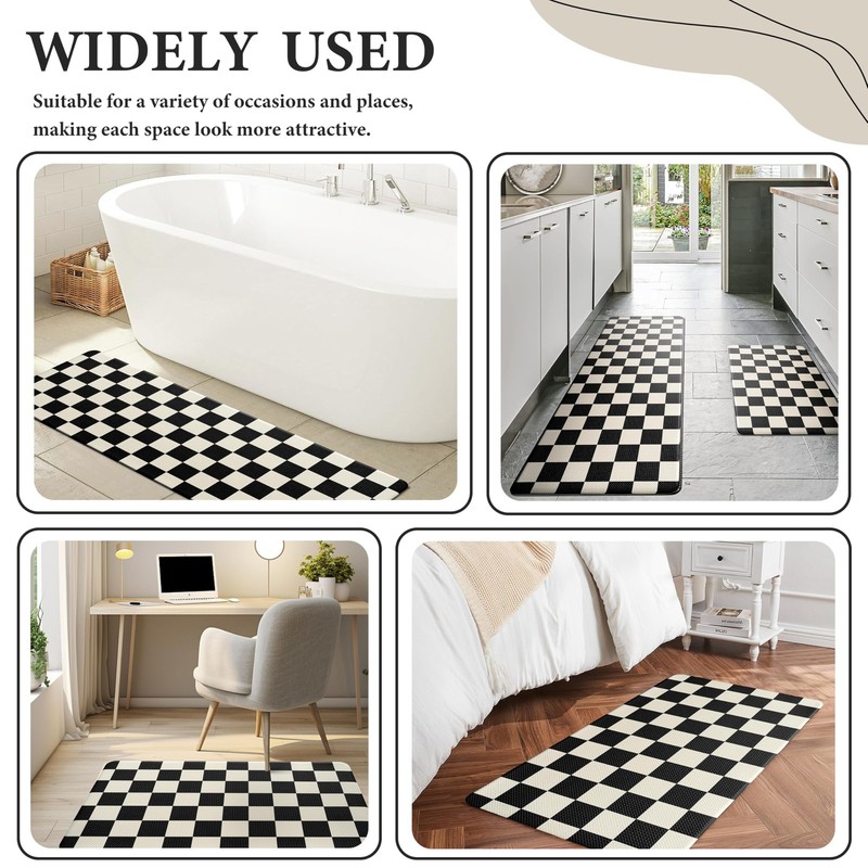 Beige Black Checkered Grid Checkerboard Kitchen Rug Sets [2 PCs], Anti gallery