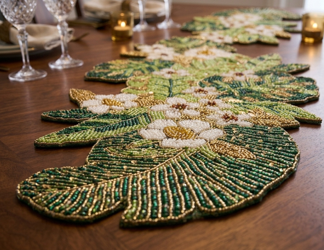 Handmade Beaded Table Runner Green Leaves Table Runner Luxury Tableware 13X36 In gallery