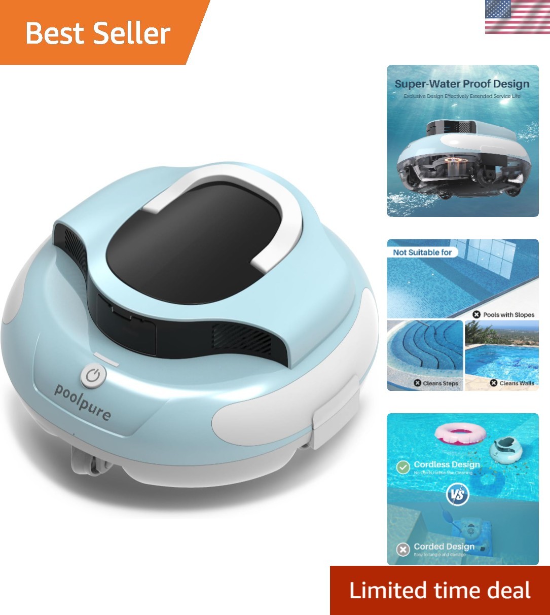 Cordless Robotic Pool Cleaner - Dual 30W Motors, 100Min Runtime, for Above & ... gallery
