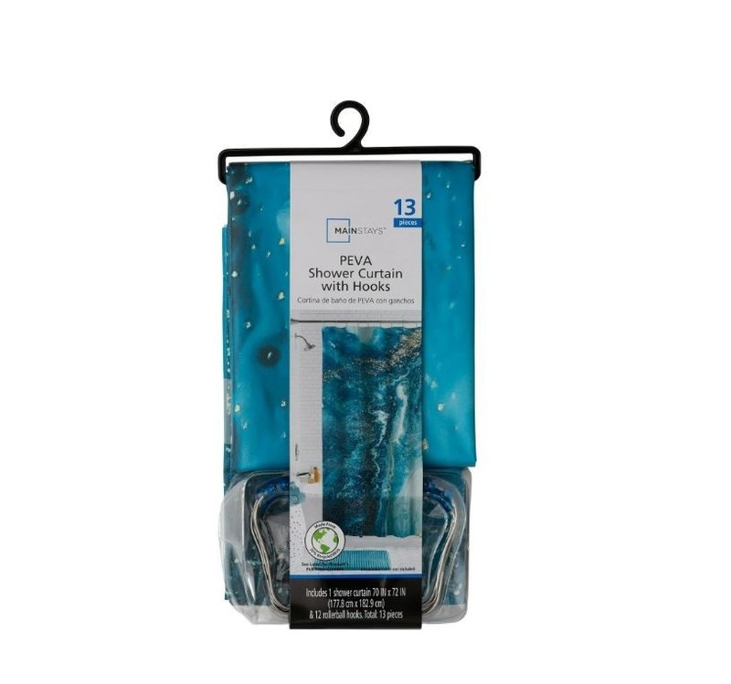 Mainstays Waterproof Marble Shower Curtain Set Recycled PEVA Blue gallery