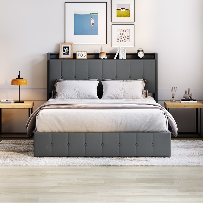 Lift Up Storage Bed Frame, Full Size Platform Bed with LED Light & Power Outlets gallery