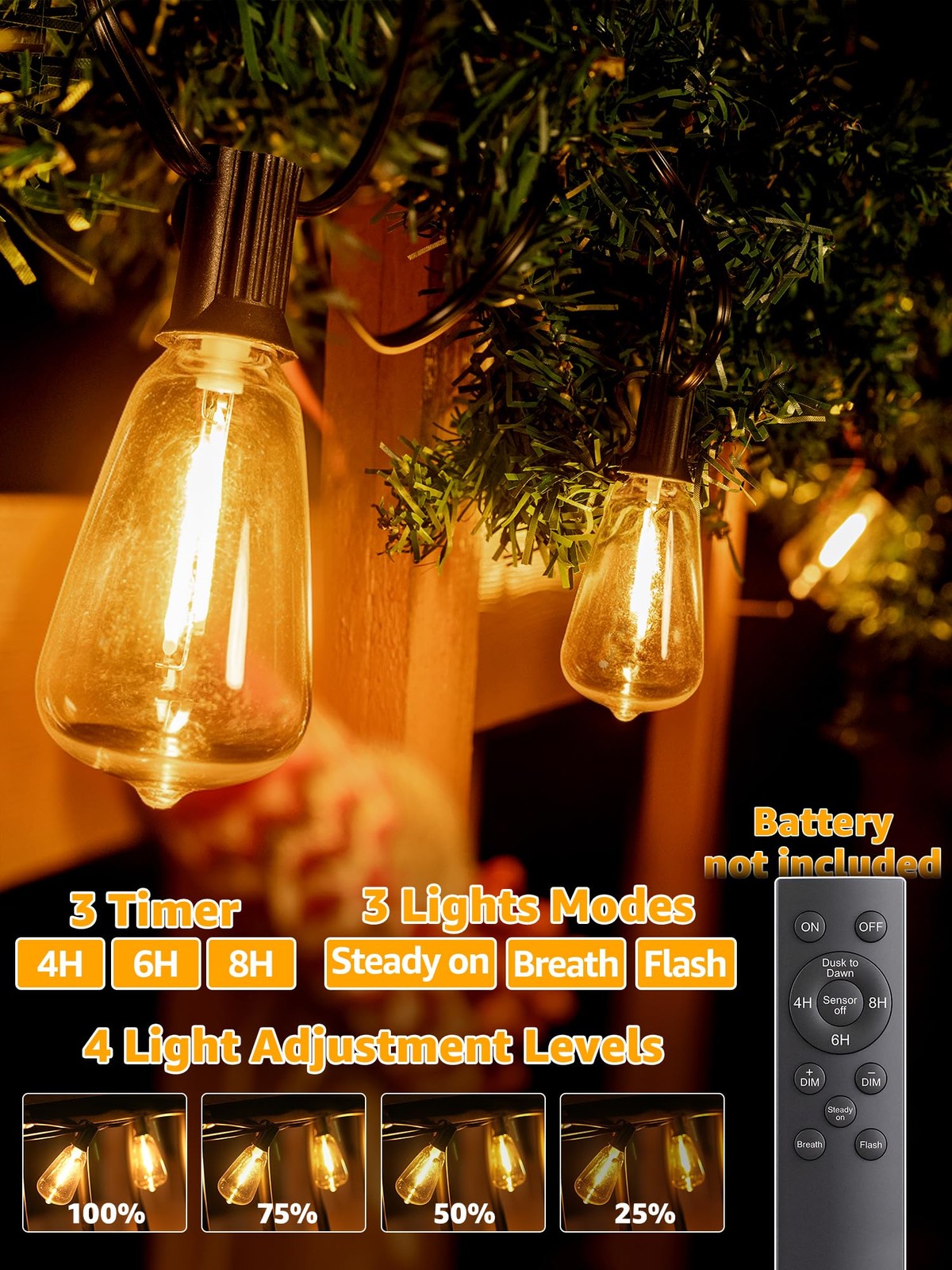 102FT Remote Dimmable Outdoor String Lights, IP45, 39 Shatterproof Edison Bulbs gallery