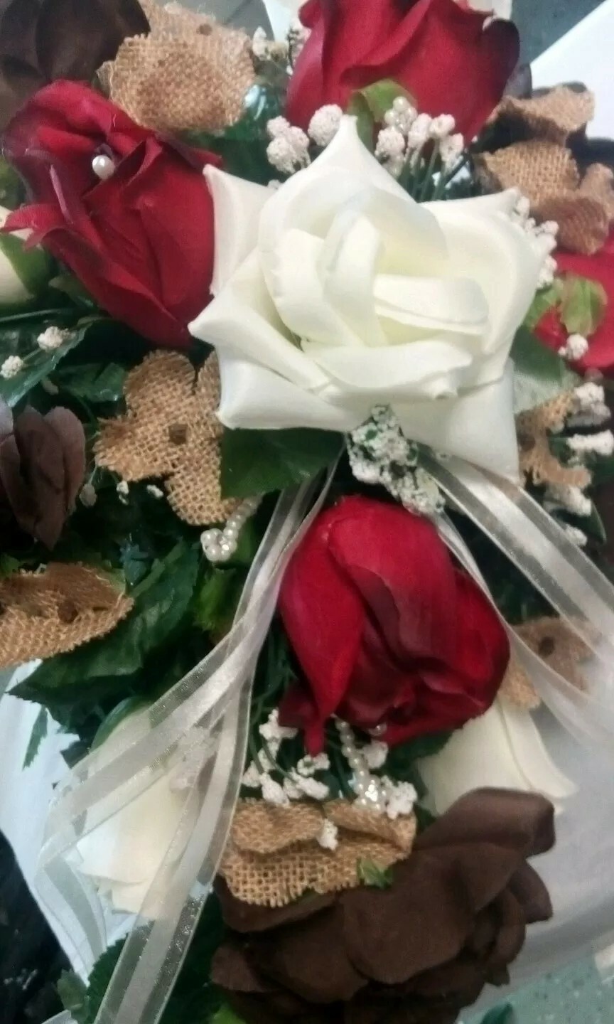 2pc set Apple Red Chocolate Ivory and Burlap Cascade bouquet and bout Any color gallery
