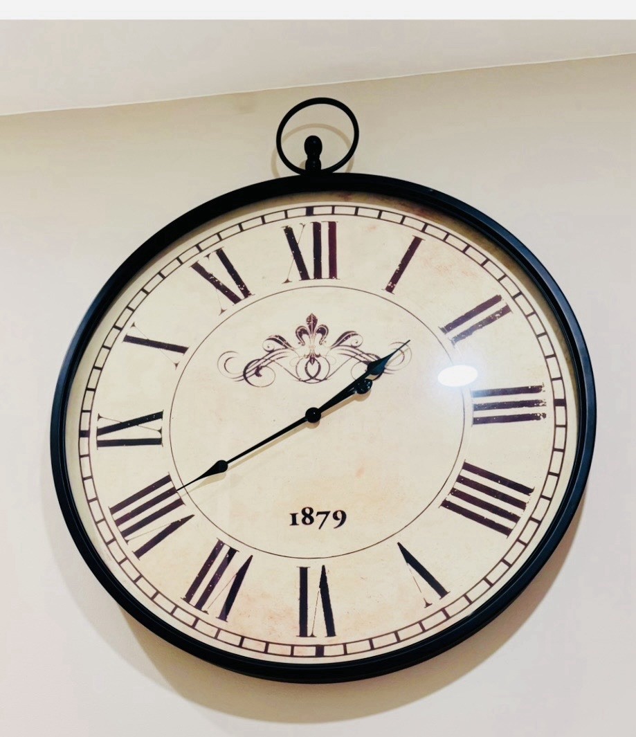 Round Hanging Wall Clock, Analog Roman Numerals, Black Frame Beige "1879" gallery