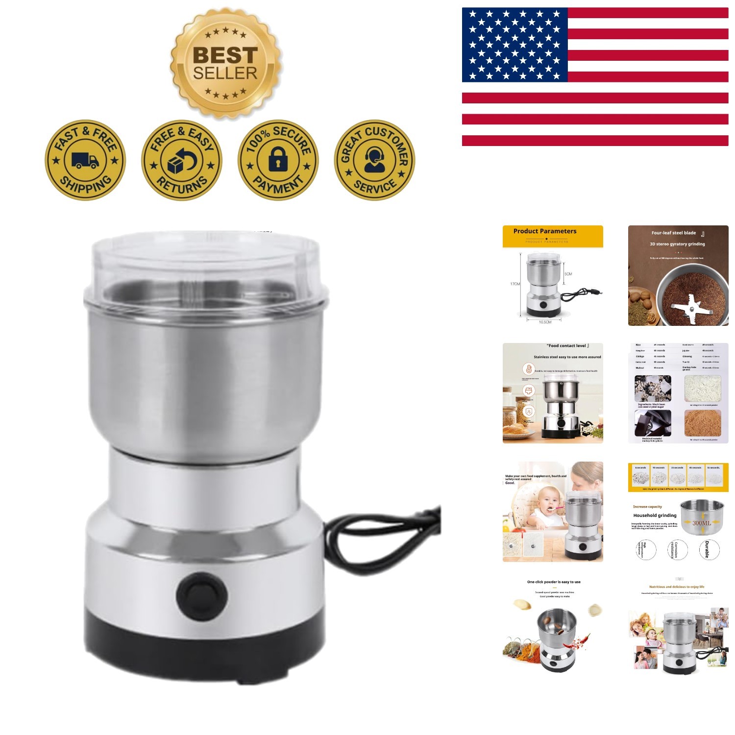 Professional High-Speed 300g Stainless Steel Grain Mill - Perfect for Home Use gallery