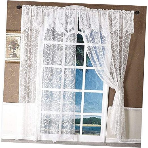 84 Inch Lace Curtains with Valances Attached 2 60"W x 84"L (Pack of 2) White gallery