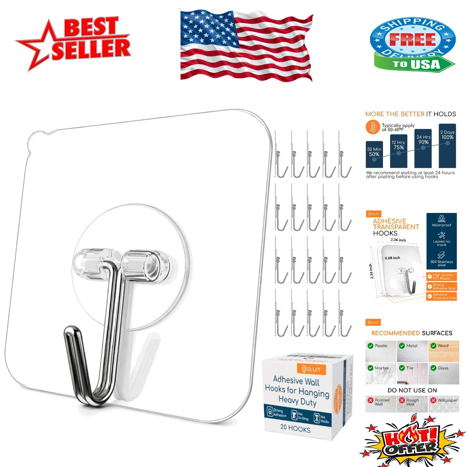 Invisible Adhesive Hooks - 20 Pack, 22 lbs Weight Limit, Waterproof & Versatile gallery