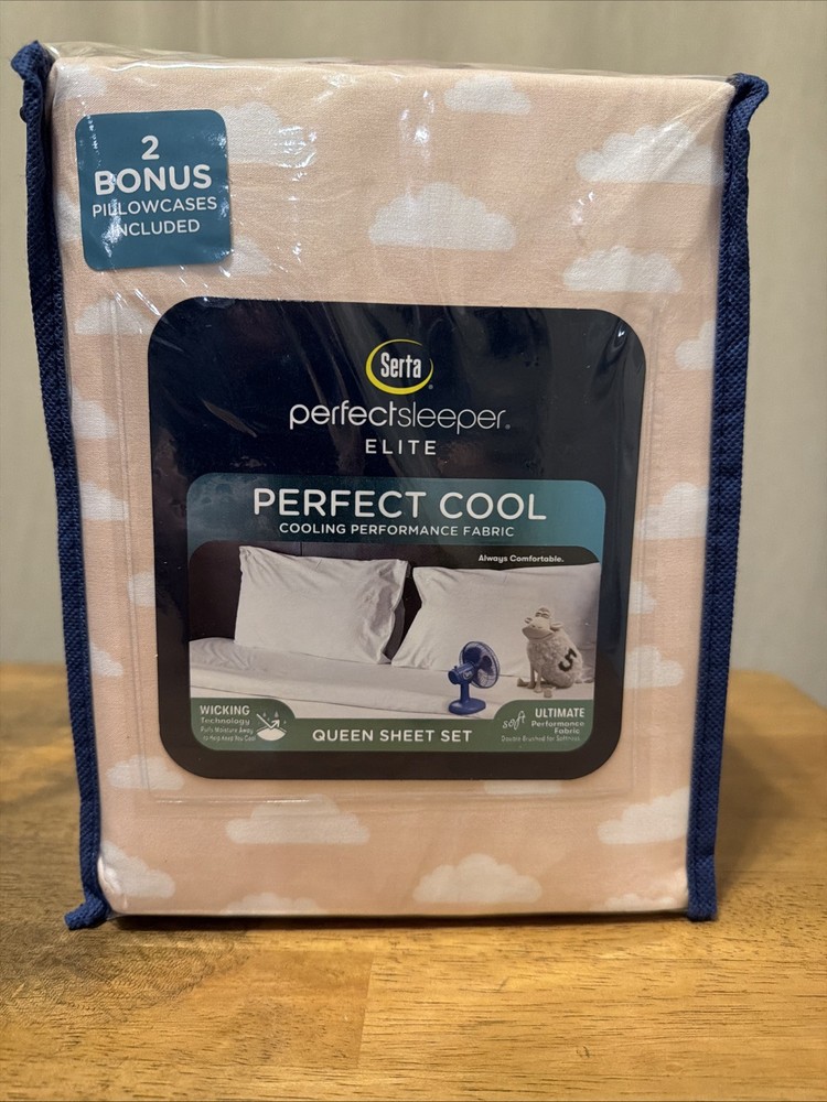 NIP Serta Perfect Sleeper Peach w/Clouds 6 Piece Queen Perfect Cool Sheet Set