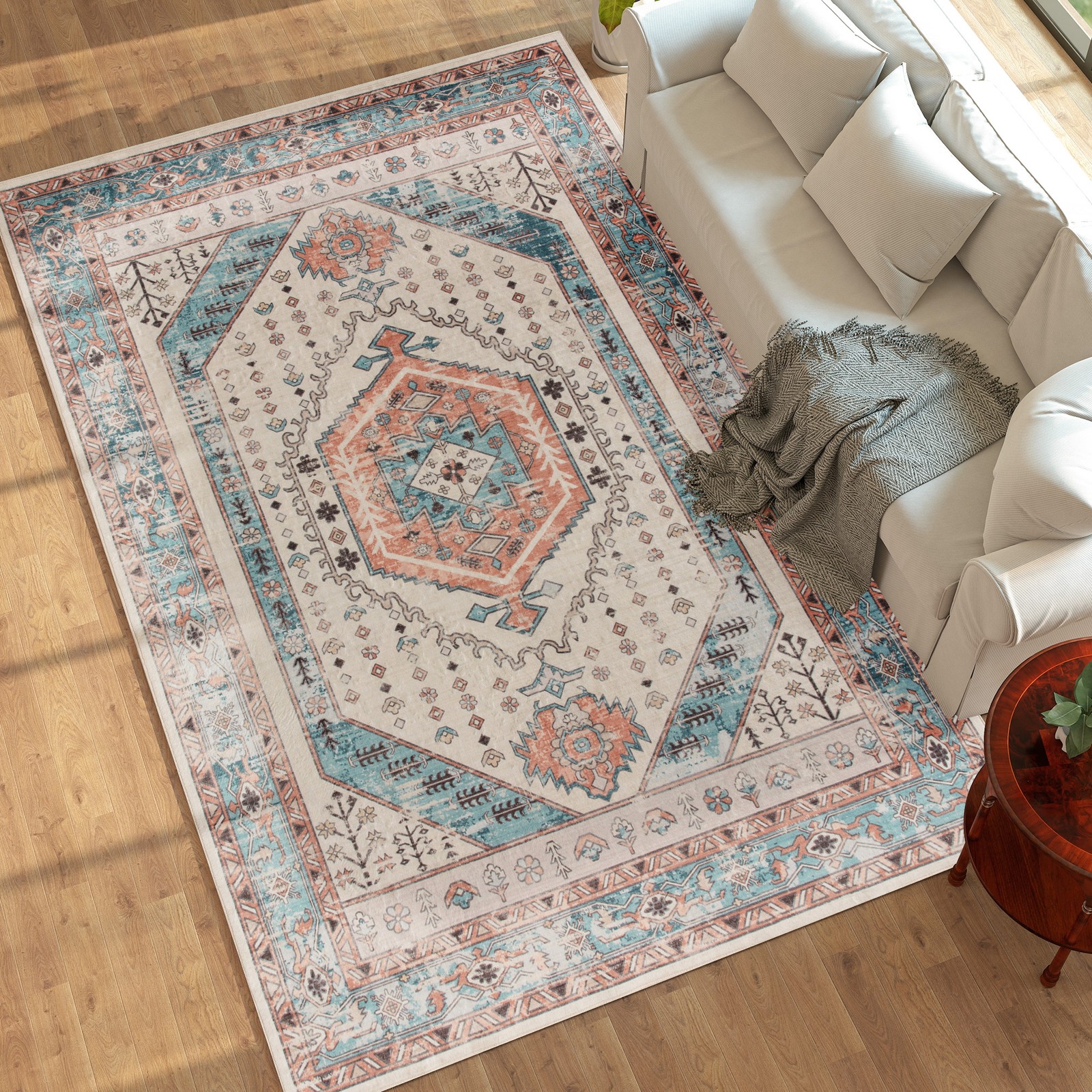 8x10 Area Rug, Vintage Machine Washable Rug for Bedroom, Brown Blue gallery
