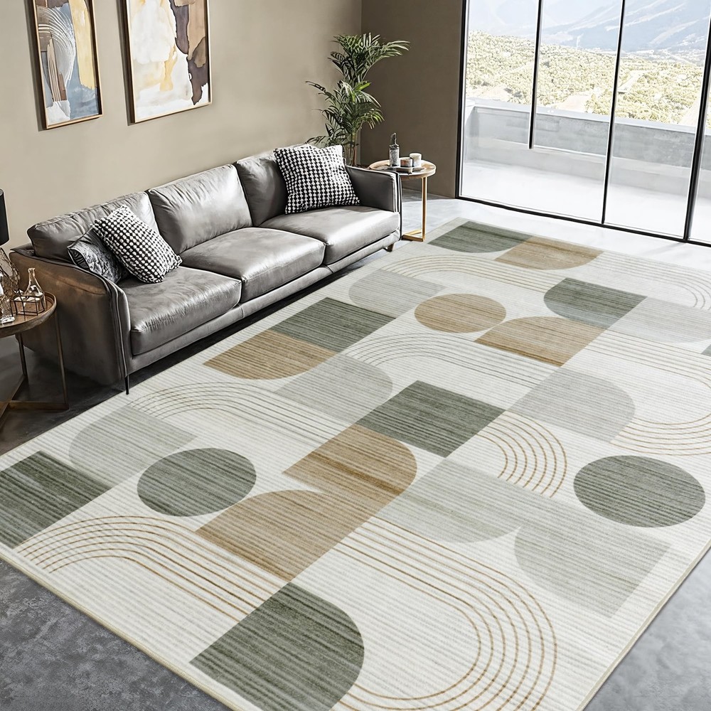 Large Machine Washable 5x7 Area Rug, Soft Modern Geometric Abstract Beige Rug...