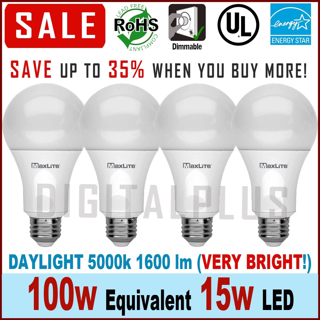 4 LED Light Bulbs 15W / 100W Replacement 1600L Daylight 5000K A19 Dimmable E26 gallery