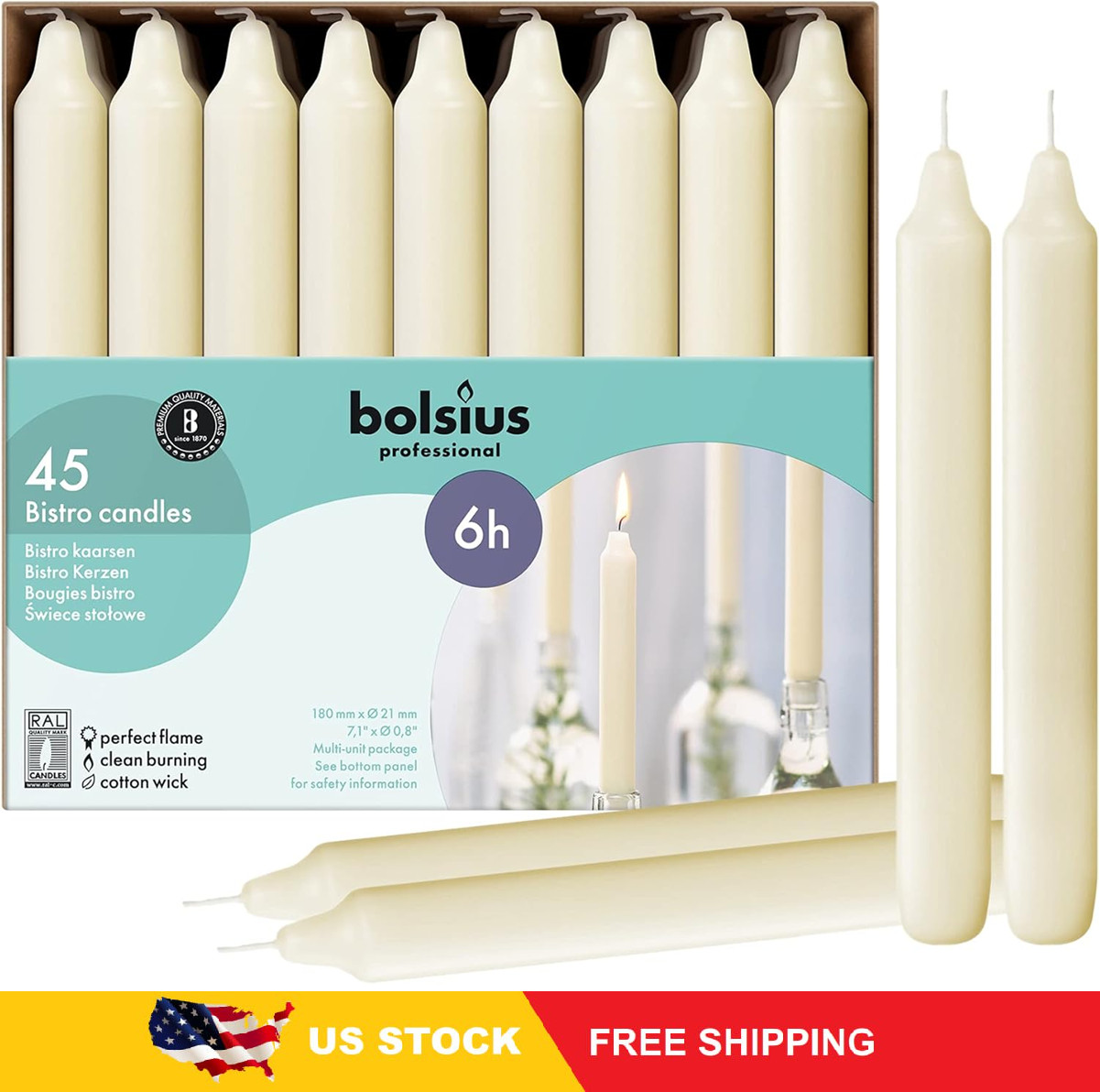 BOLSIUS Ivory Household Candles Bulk Pack 45 Count - Unscented Dripless 7 Inch gallery