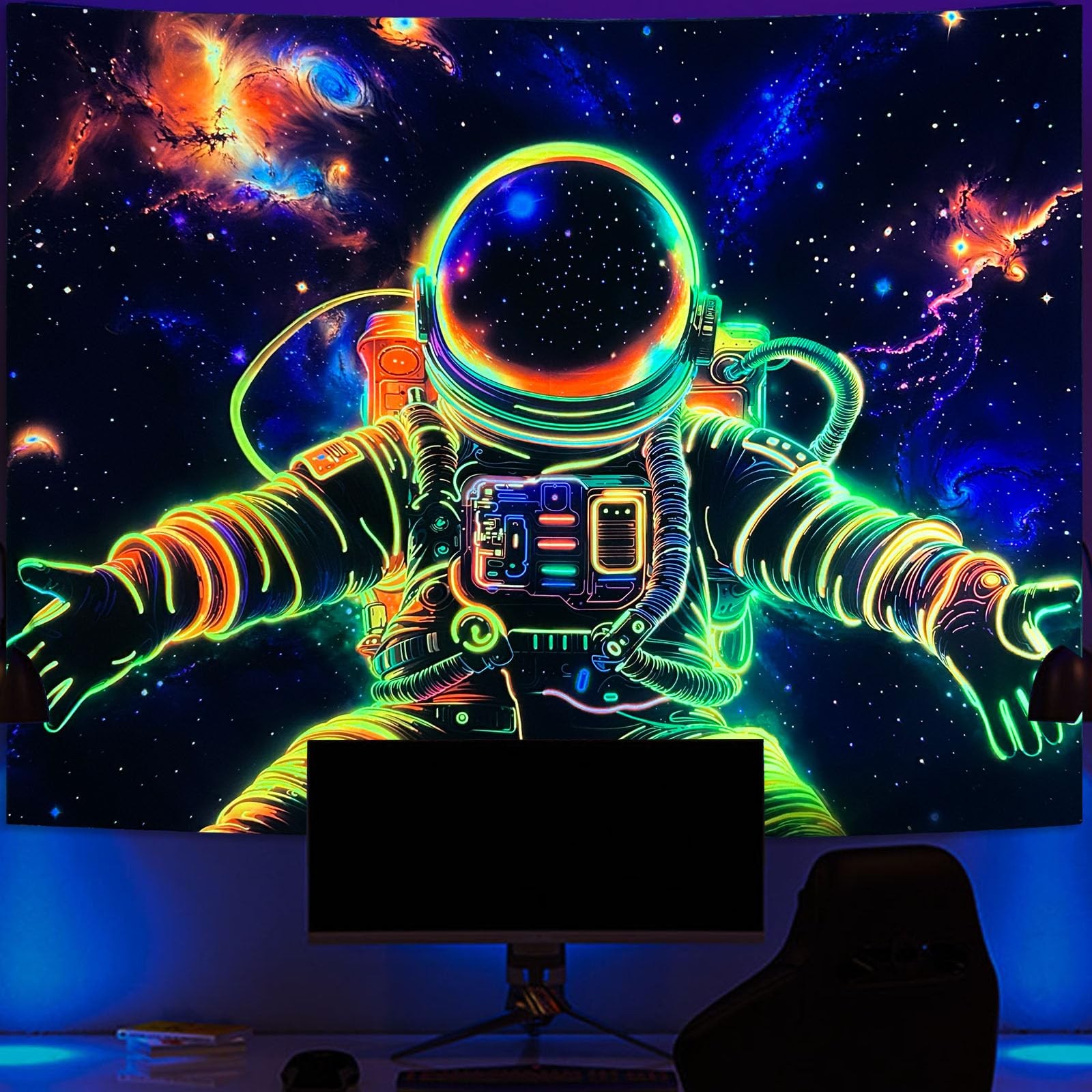 UV Reactive Blacklight Tapestry Astronaut Starry Space Wall Art 80"x60" gallery