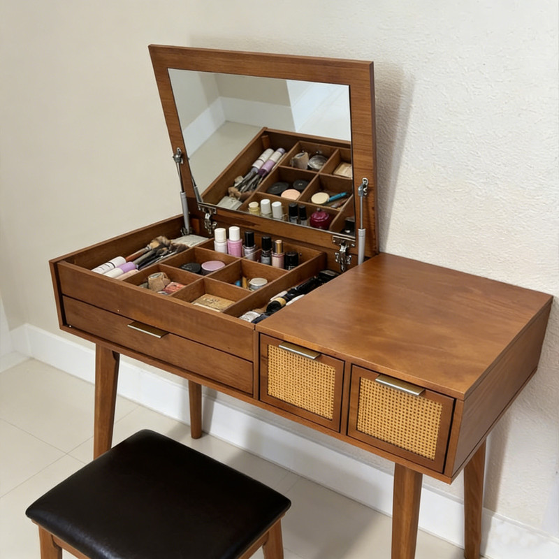 Modern Vanity Set Mirror w/ Stool Makeup Dressing Table Rattan Drawers Storage gallery