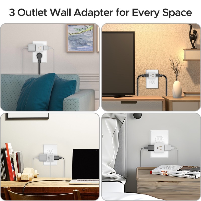 Non-Blocking 3-Outlet Wall Adapter, Compact Grounded Plug Extender, ETL Listed gallery