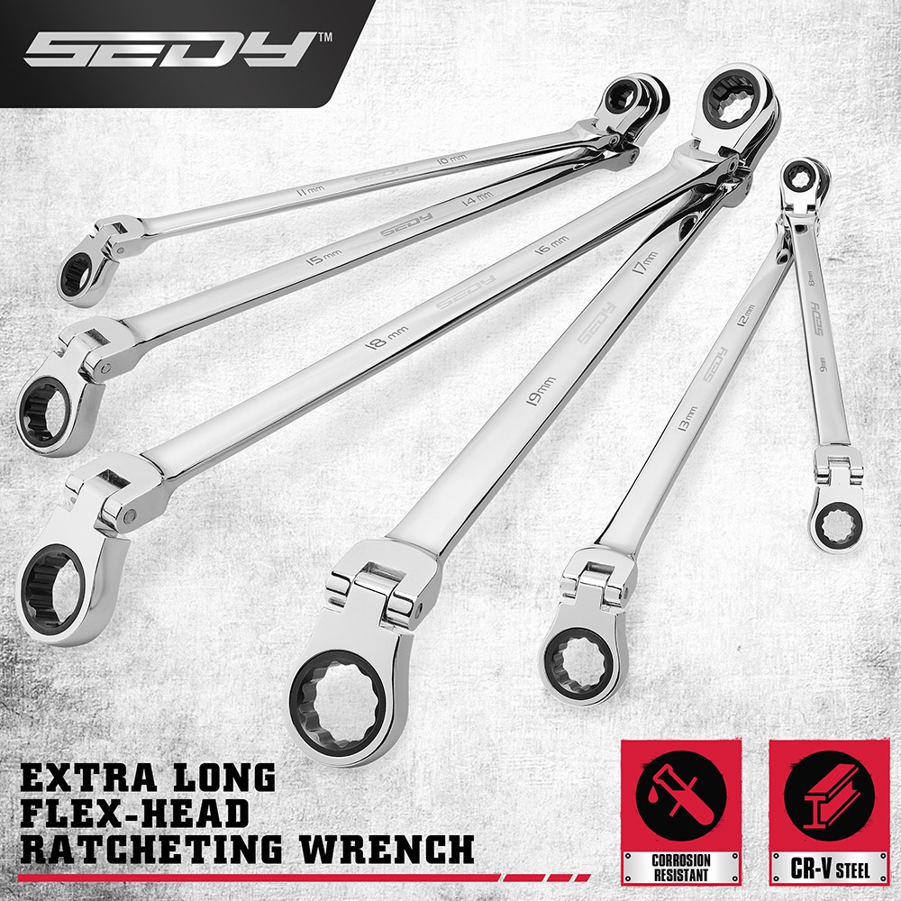 6Pcs Extra Long Ratcheting Wrenches Spanner Set Double Box End Flex-Head Metric gallery