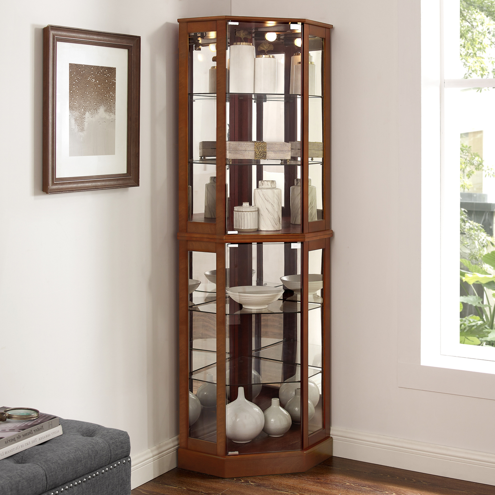 Lighted Wooden Curio Corner Display Cabinet w/Adjustable Tempered Glass Shelves gallery