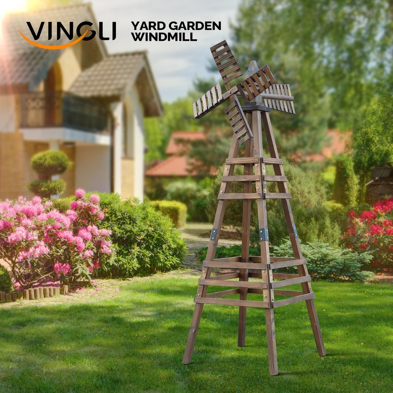 6FT Wood Windmill Backyard Garden Decoration Weathervane Freestanding, Brown gallery