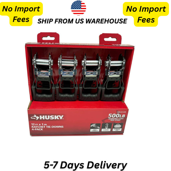 HUSKY RATCHET TIE-DOWN STRAPS 4-PACK 1 in. x 12 ft. Quick Release Hook 1500 lbs. gallery