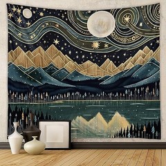 Mountain Forest Tapestry – Boho Landscape Moon Stars Wall 40″L x 30″W Black