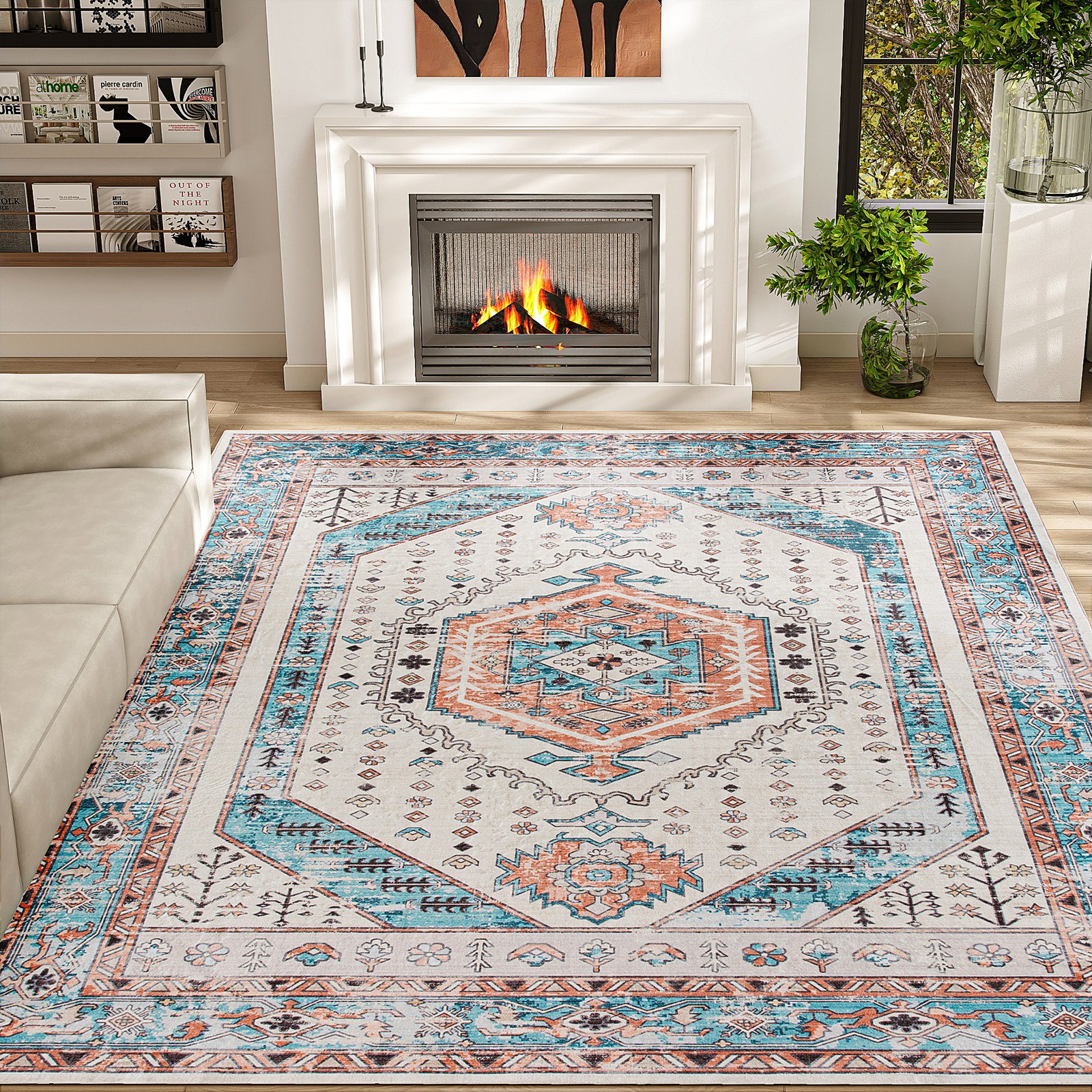 8x10 Area Rug, Vintage Machine Washable Rug for Bedroom, Brown and Blue gallery