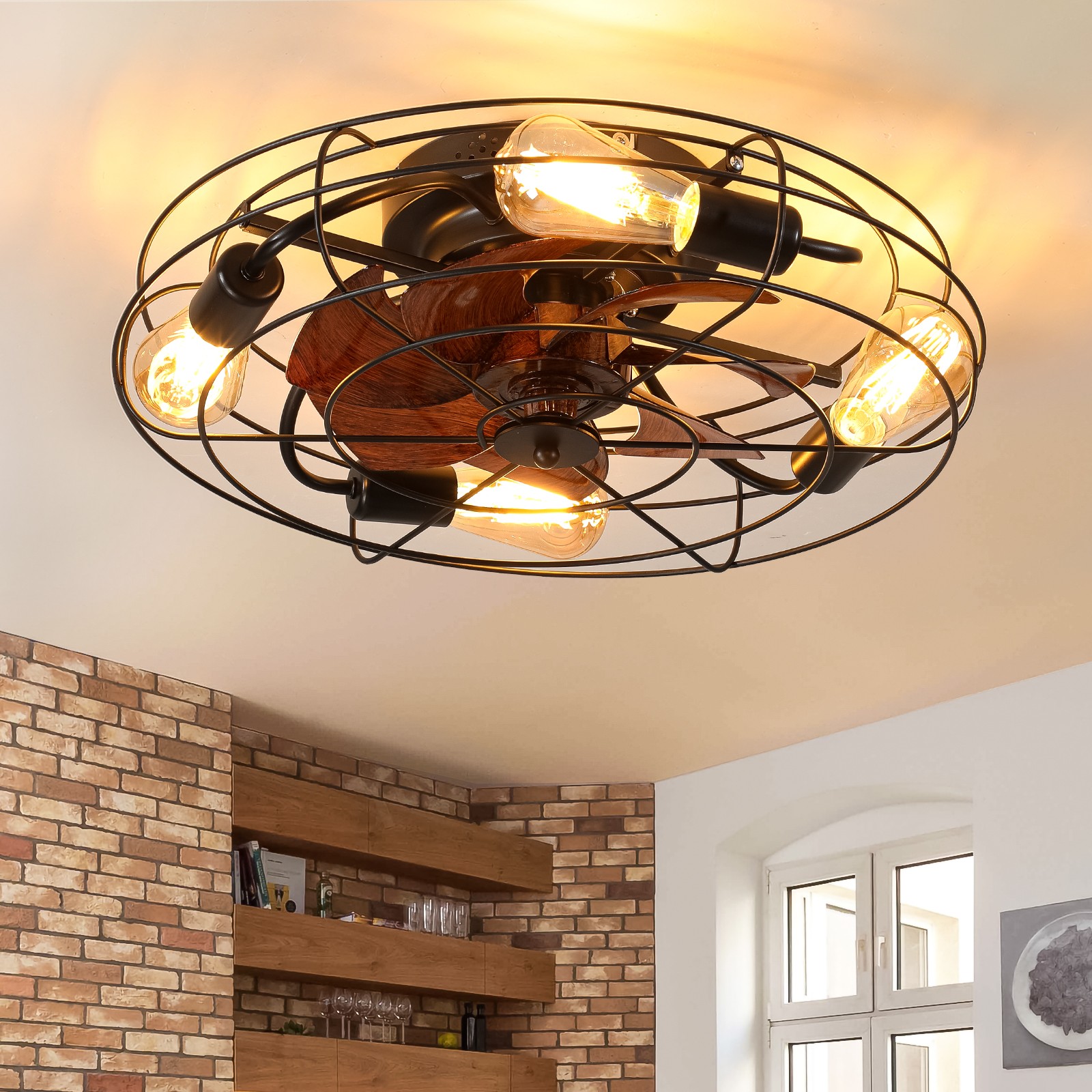 20" Ceiling Fan Light Flush Mount Farmhouse Caged Lights kit With Remote Control gallery