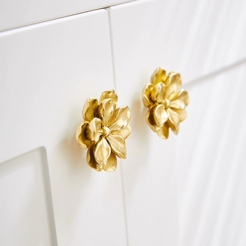 Camellia Flower Drawer Dresser Knobs Handle Gold Brass Cabinet Kitchen Pull Knob gallery