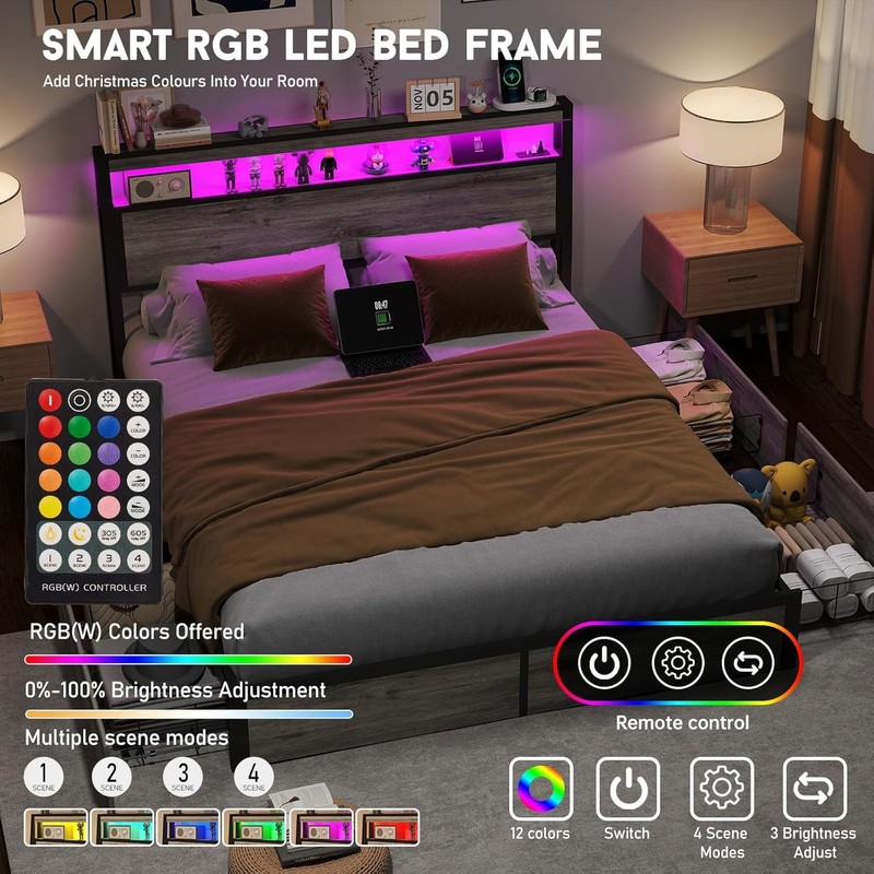 Queen Size Bed Frame with 4 Storage Drawers and Charging Station ＆ LED Lights gallery