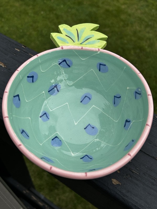 Susan Painter Pineapple Shaped Serving Dish Bowl Handpainted Vintage Green Pink gallery