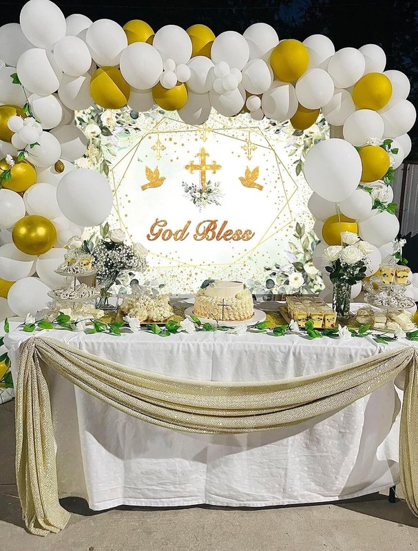 Greenery God Bless Backdrop 7x5ft Baptism Communion Banner Green Gold Decor gallery