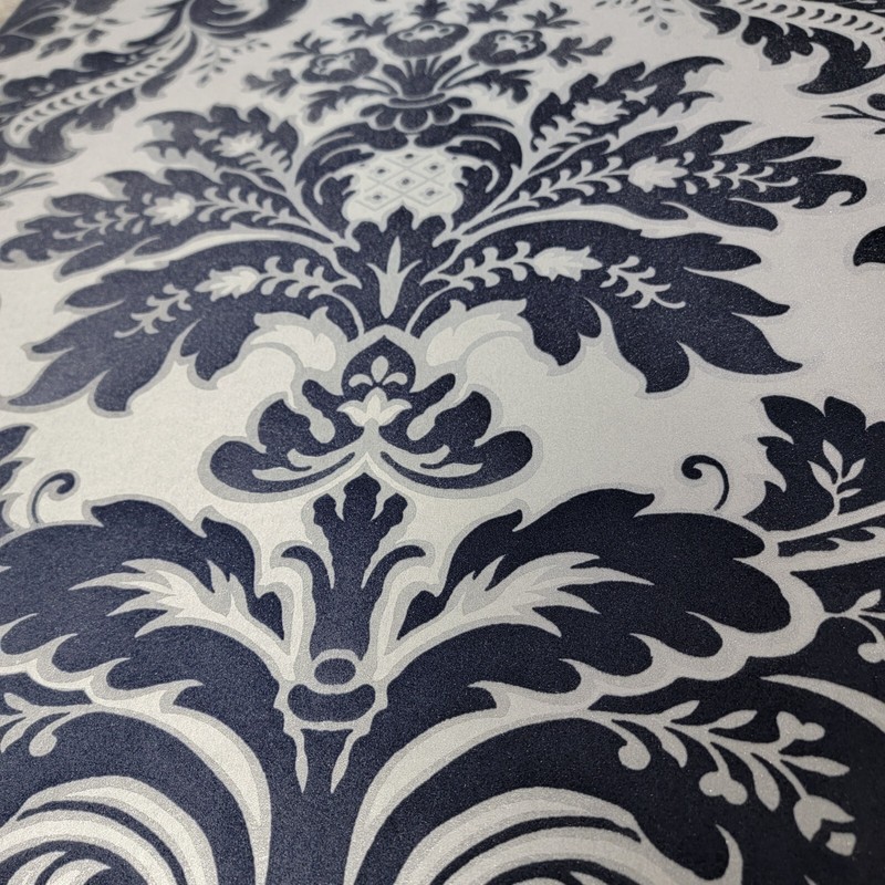 Wallpaper flocking navy blue silver gray metallic Flocked damask velvet flock 3D gallery