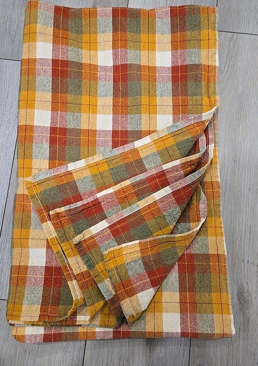 VTG Madras Fall Plaid Tablecloth Rust Brown Gold Cotton 94x56" EUC gallery