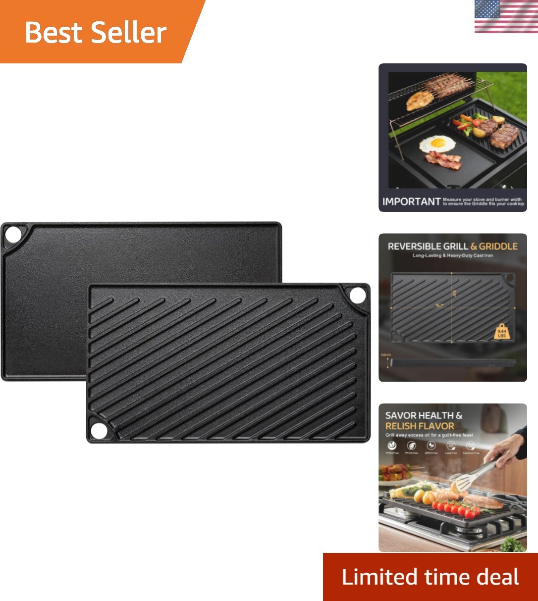 Reversible Grill/Griddle, 16.7x9.5'' Pre-Seasoned Cast Iron Griddle Pan, Doub... gallery