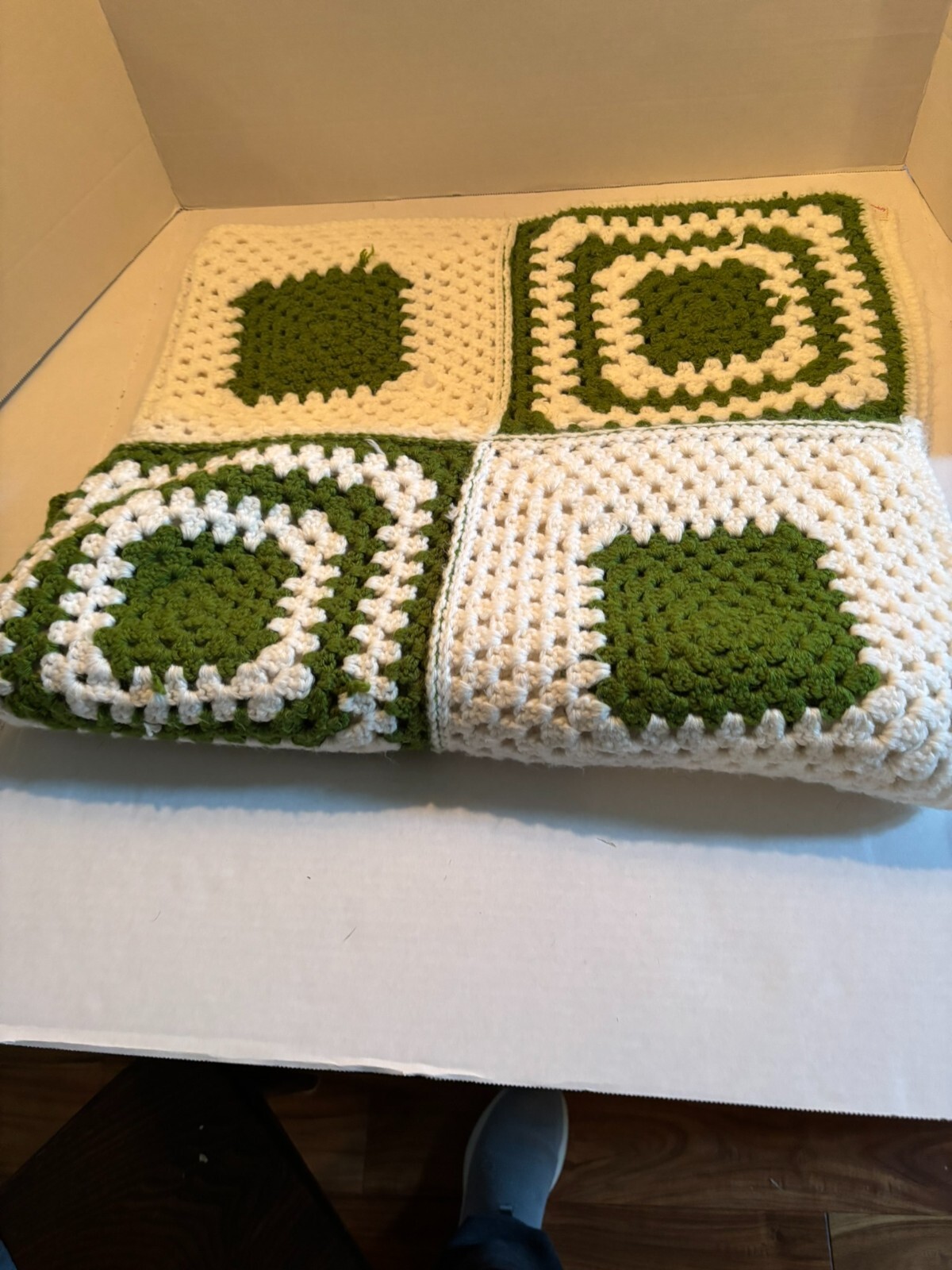 Hand Made Crocheted Throw Blanket Green and White Squares 39inches X 53inches gallery