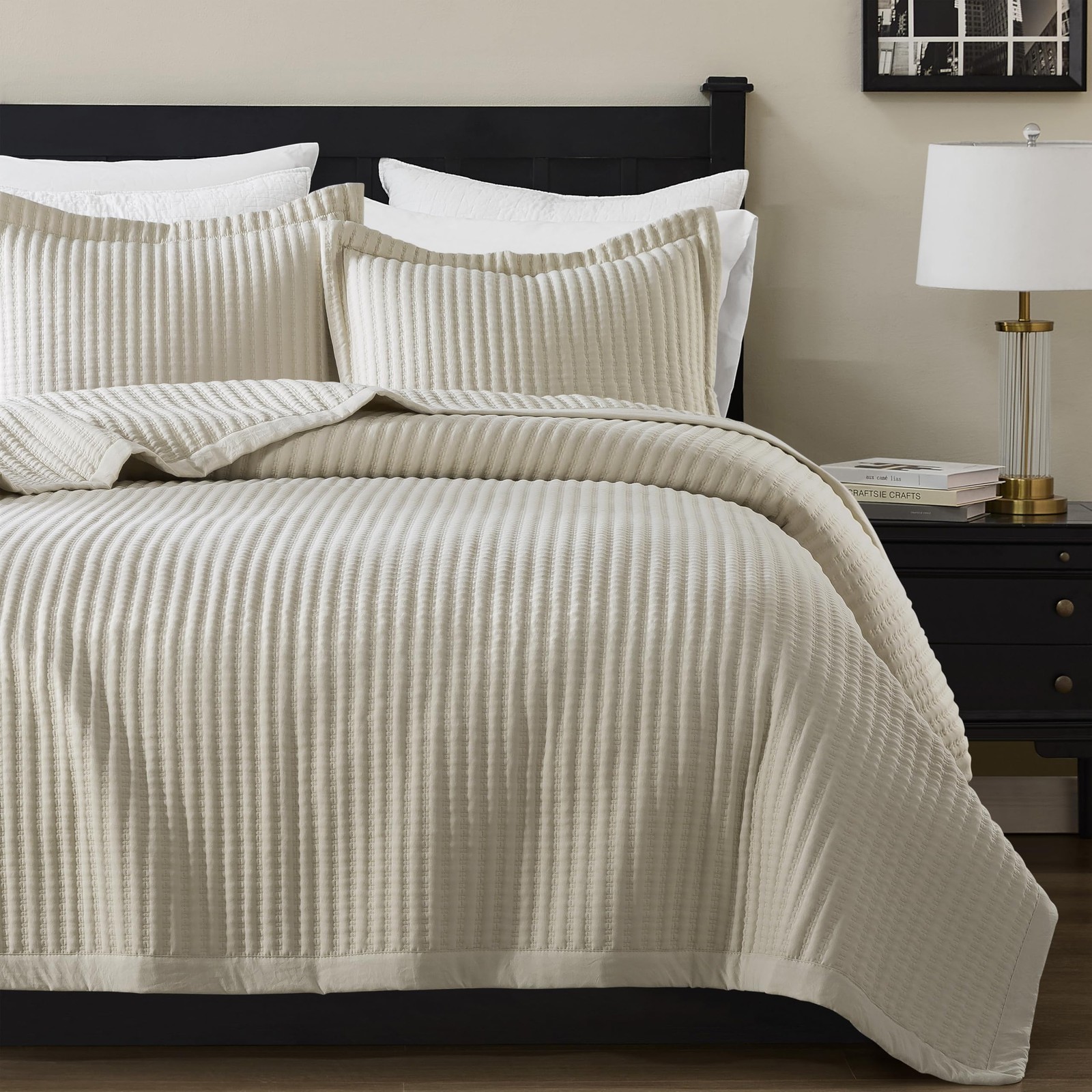 Beige Queen Size Quilt Set, Striped Pick Stitch Lightweight Bedspread, Soft C... gallery